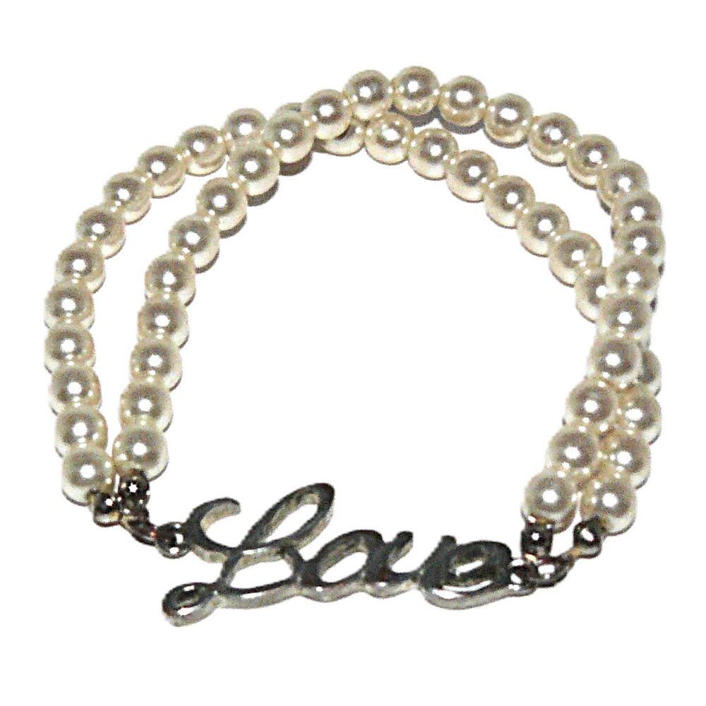 Double-Strand Faux Pearl Stretch Bracelet With "Love" Charm